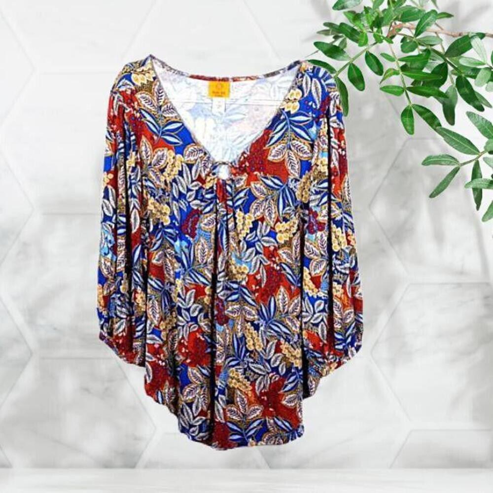 New Ruby Rd Woman Size 1X Jersey Knit Top 3/4 Sleeves Fall Leaves Colorful Flowy